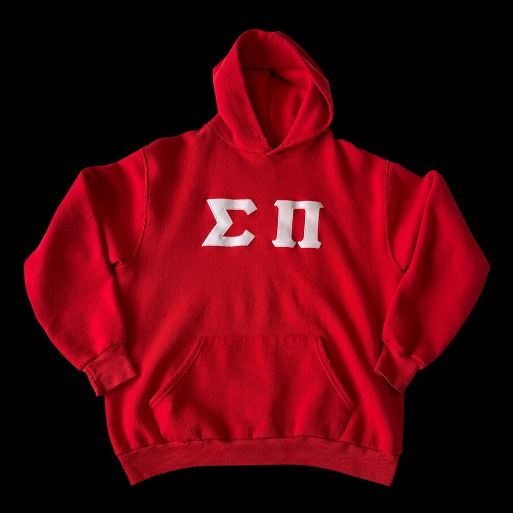 80's Russell Athletic Sigma Pi Fraternity Hoodie Red L USA Made Greek Letter